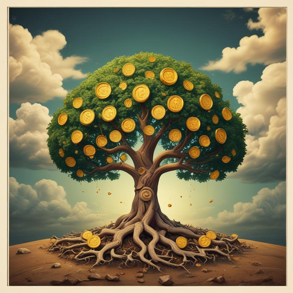 A Bitcoin tree growing from volatile roots, its branches heavy with golden coins, representing growth and accumulation.