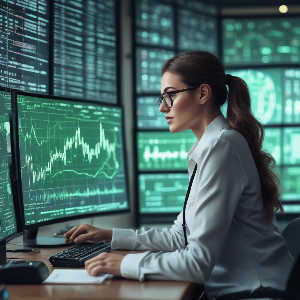 Crypto analyst observing multiple screens displaying Bitcoin charts with strategic entry and exit points, illustrating market analysis and decision-making.