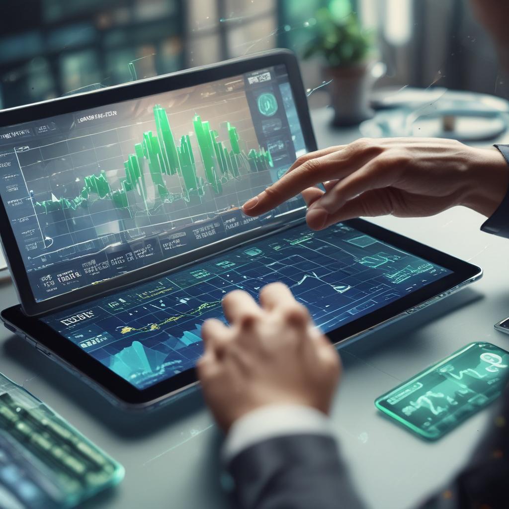 Hand interacting with a crypto exchange interface on a tablet, displaying profit charts and financial growth, illustrating smart earning strategies.