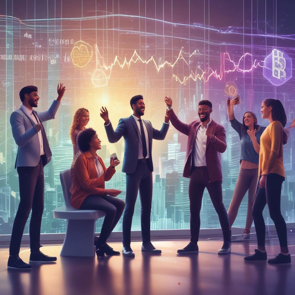 Diverse group celebrating around holographic crypto charts, symbolizing the joy and success of earning significant rewards from exchanges.