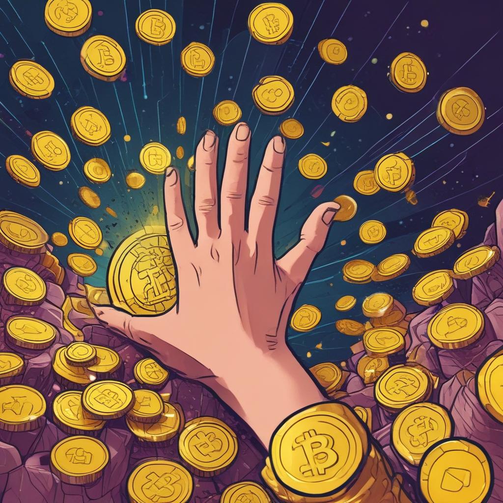 Hand collecting golden crypto coins, symbolizing Bybit bonus rewards and profitable gains from crypto trading.